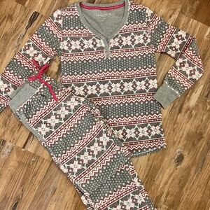 Women's Nautica Gray Fair Isle Pajama Set Long Sleeve Top Pants Small S Warm